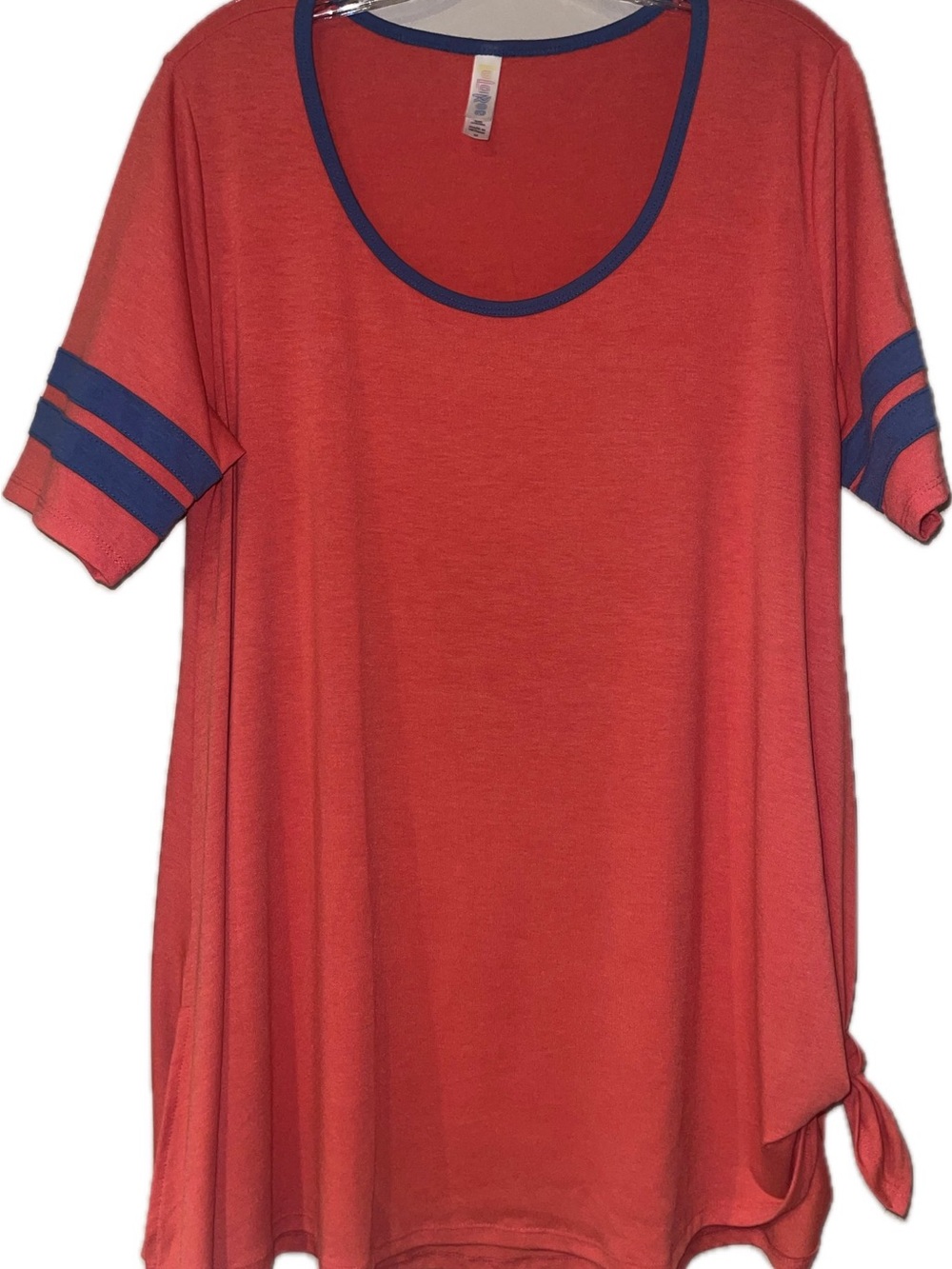 Women’s pink Coral Scoop Neck Tee with blue Trim